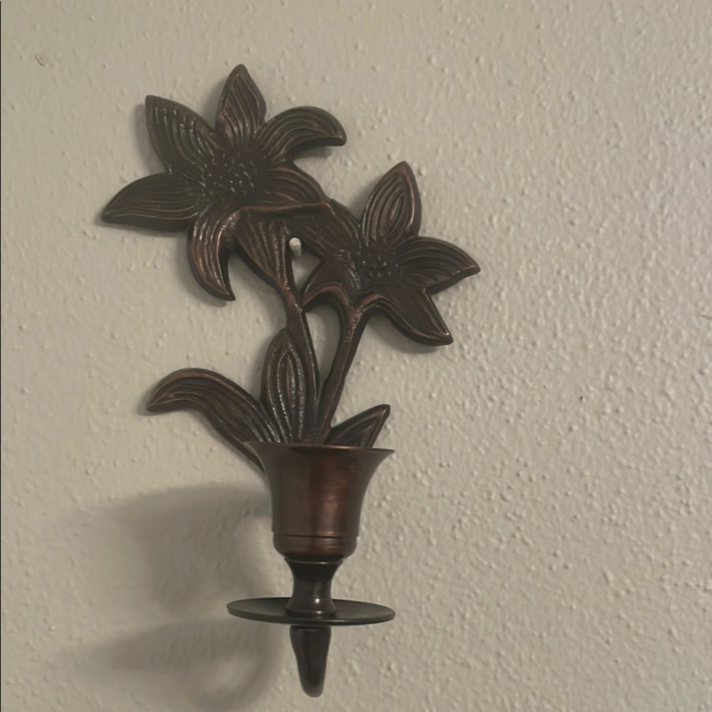 Wall Hanging Candle Stick Holder Bronze Metal Floral Pattern